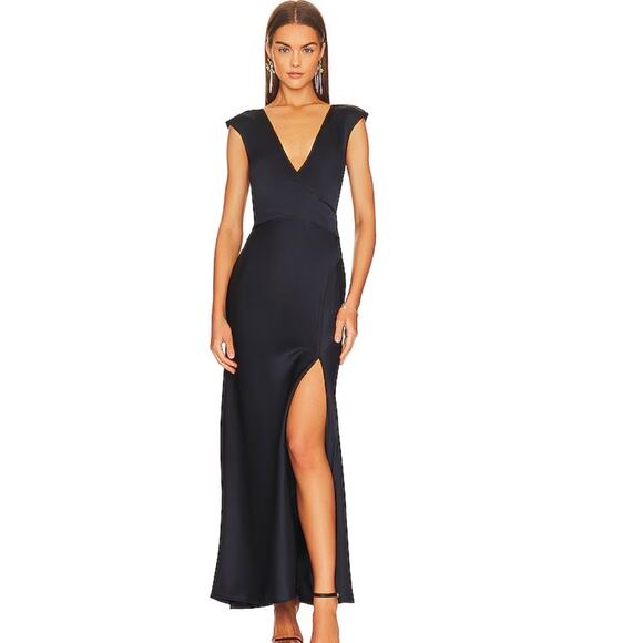 Revolve Bec + Bridge Kimberly Deep V Navy black trim Maxi Formal Dress Sz 4 NEW - Picture 1 of 6